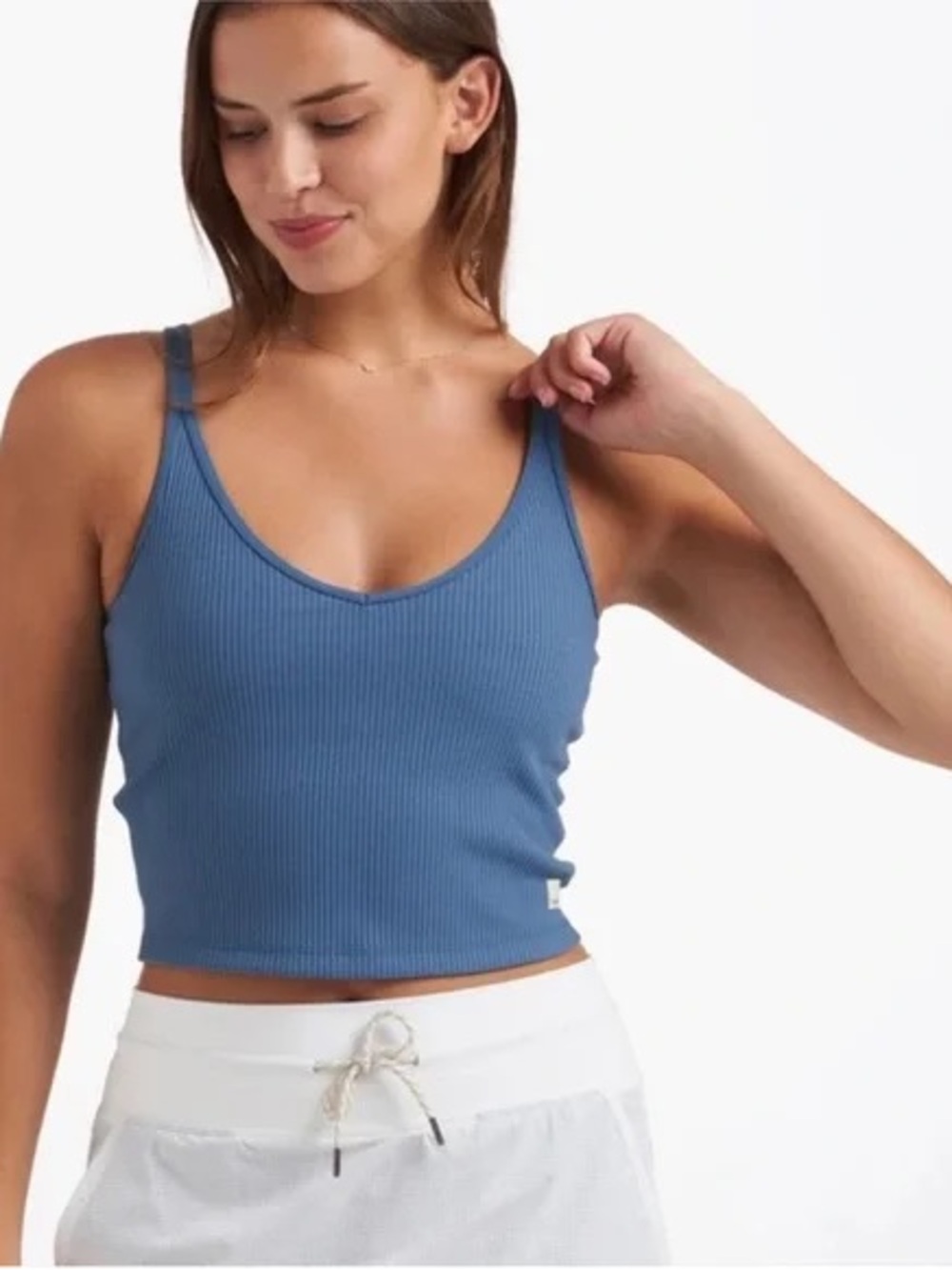 VOURI Ribbed Blue V-Neck Crop Tank Top - Women's
